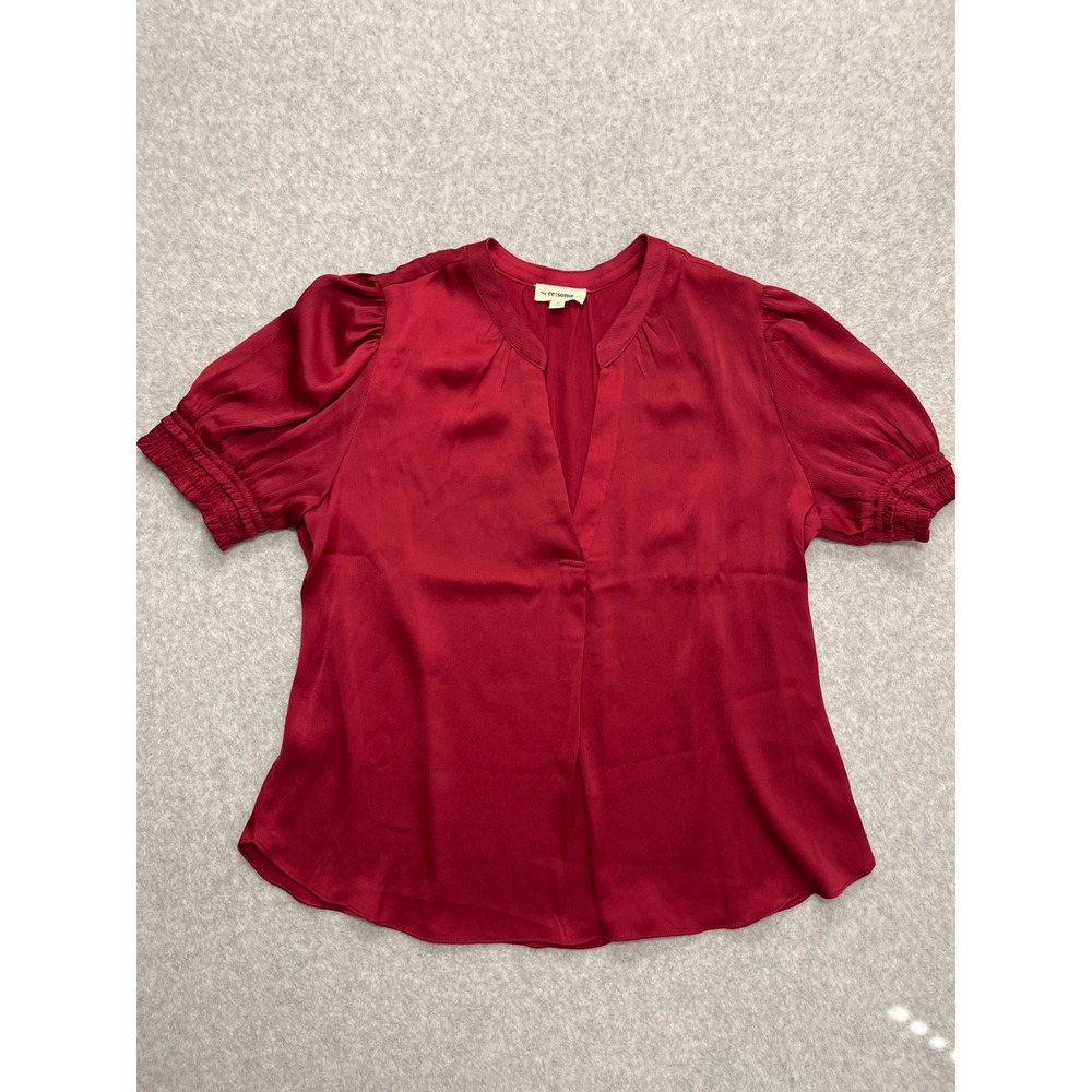 ee:some Women Puff Sleeve Romantic Smocked Cuff Split Neck Blouse Top Medium